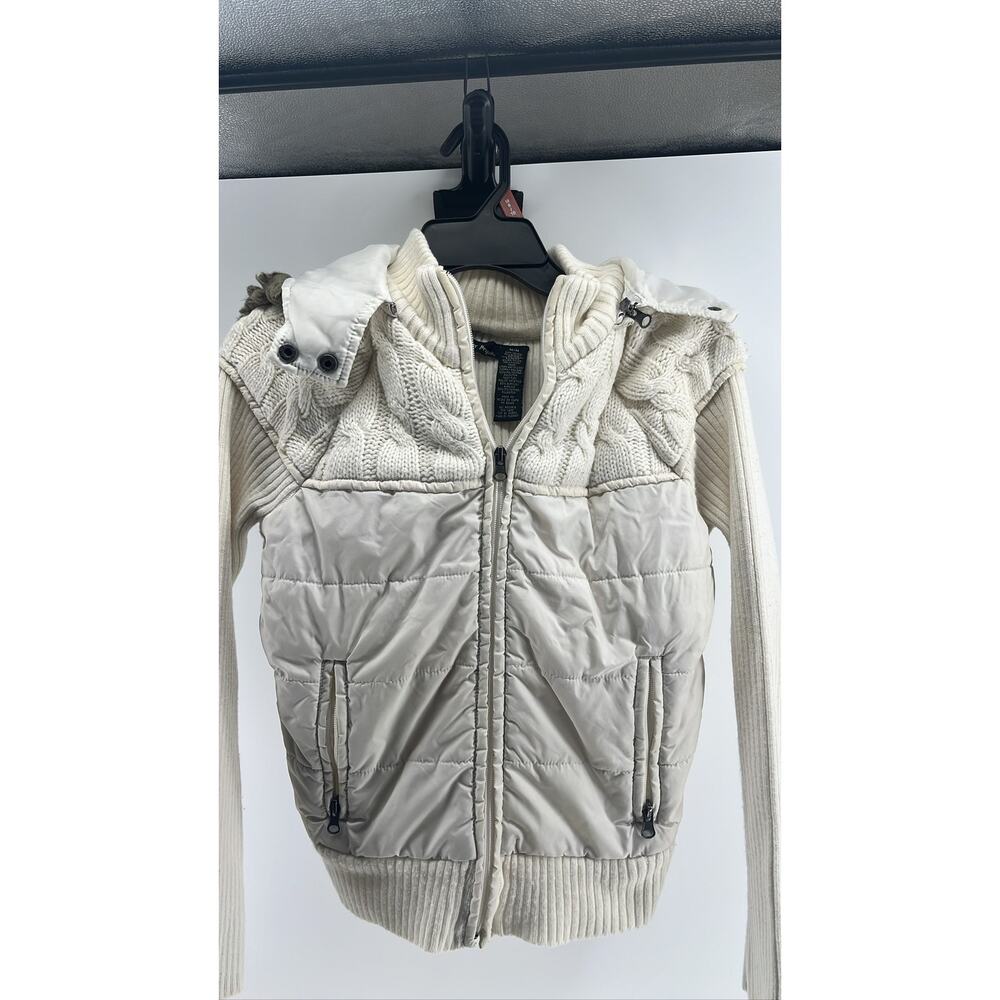 Women's M Puffer Vest Sweater Knit Sleeve Hooded Full Zip